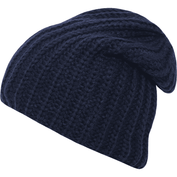 A navy blue knit beanie with a slouchy design and textured ribbing. It has a simple, branded logo.