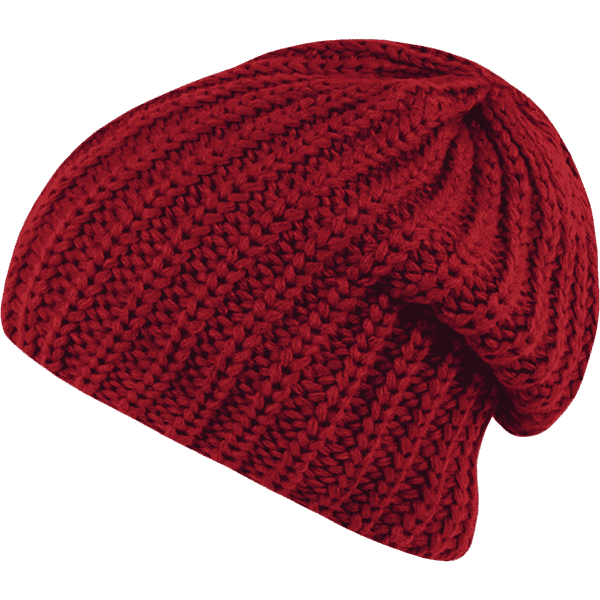 A red knitted beanie with a slouchy design, featuring a textured ribbed pattern and a branding logo.