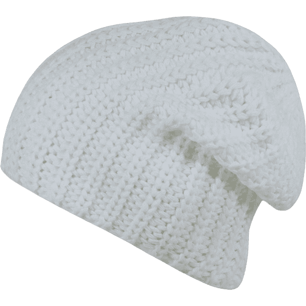 A white knit beanie with a slouchy design, featuring textured patterns and a soft appearance.