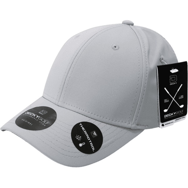 A grey cap featuring a curved brim and a logo, with tags attached for promotional purposes.