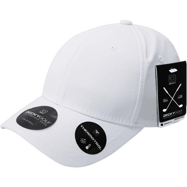 A white cap with a curved brim featuring multiple circular tags and a logo.