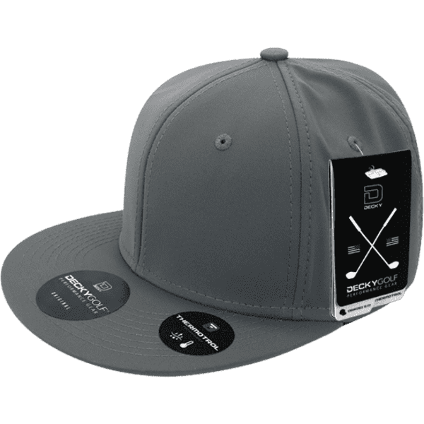 A grey snapback cap featuring a flat brim and a logo, with tags attached to the side.