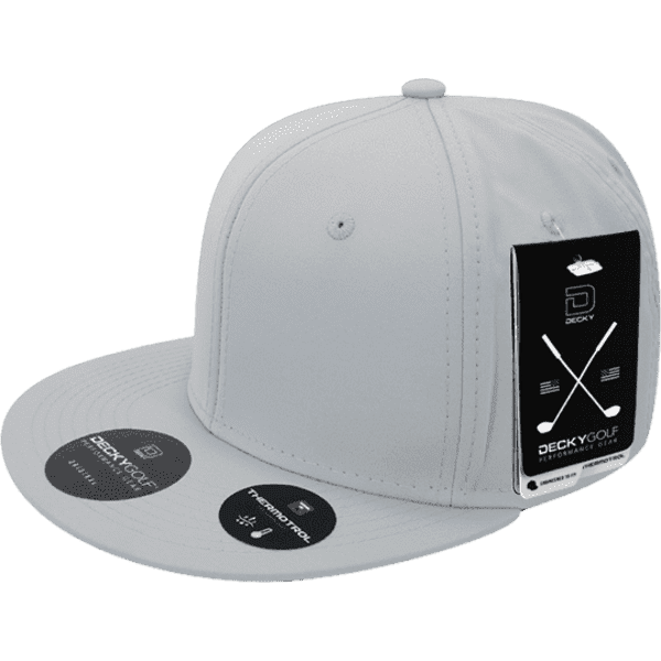 A grey snapback cap with a flat brim, featuring a brand tag and round labels on the front and side.