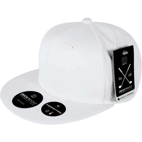 A white snapback cap with a flat brim, featuring a logo and tag on the side.
