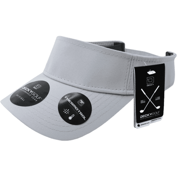 A grey sun visor with a branded logo and multiple circular tags attached.