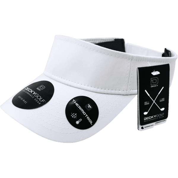 A white sun visor featuring black circles, with an attached tag and a logo.