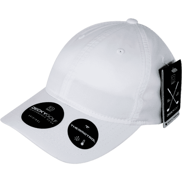 A white cap featuring a logo and tags for product details.