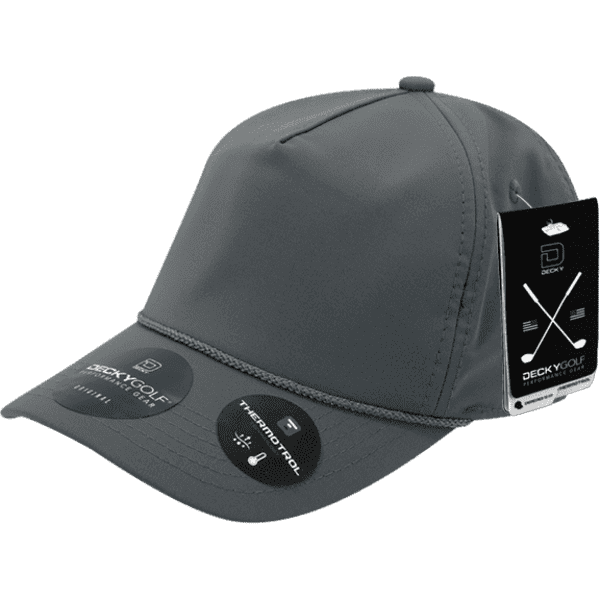 A grey five-panel cap with a branding label and a sleek design. 