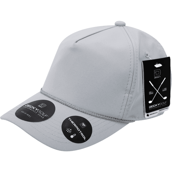 A light grey five-panel cap featuring a logo and various promotional tags.