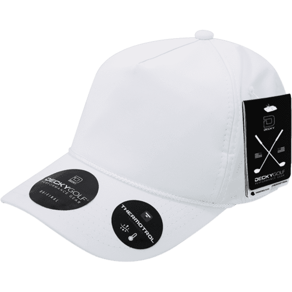 A white five-panel cap with a logo and tags attached, designed for promotional use.