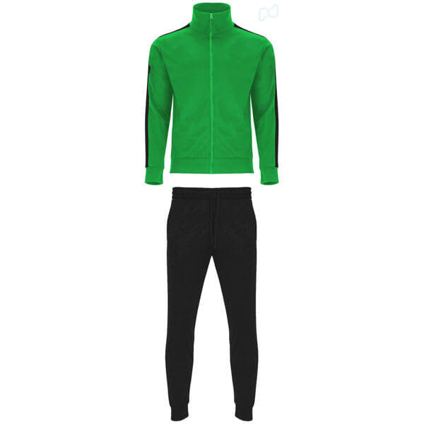 A green tracksuit jacket with black stripes along the sleeves, paired with black tracksuit trousers.
