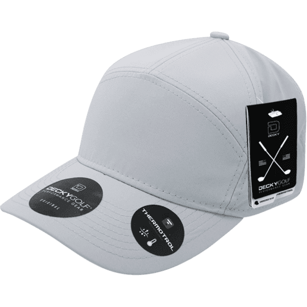 A grey cap with a sleek design, featuring a logo and promotional tags. Ideal for headwear enthusiasts.