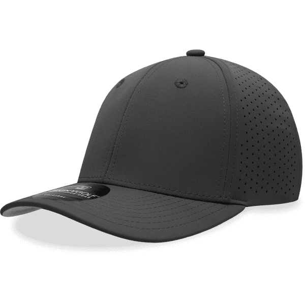 A six-panel mid-profile perforated cap in black with a logo on the side.