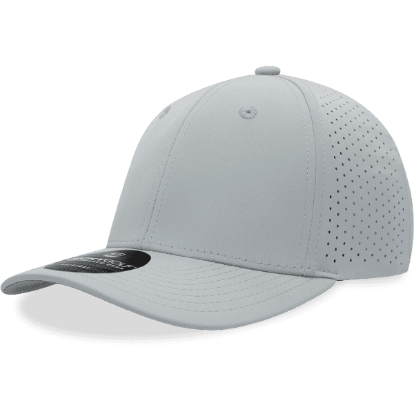 A grey six-panel mid-profile perforated cap with a curved brim and a logo on the front.