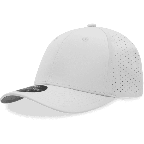 A white perforated cap with a mid-profile design and a curved brim, featuring a logo on the front.