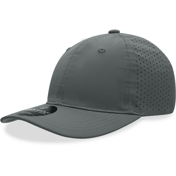 A grey perforated cap with a relaxed fit, featuring six panels and a curved brim. It has a logo.