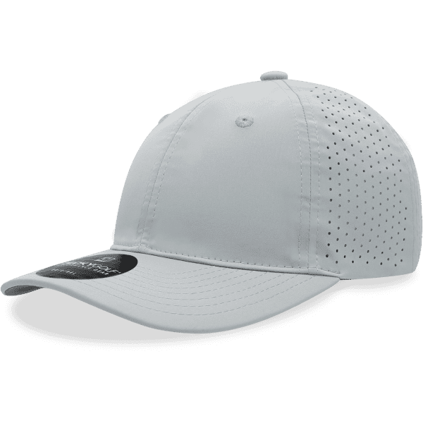 A white 6-panel relaxed perforated cap featuring ventilation holes and a curved brim, with a logo.