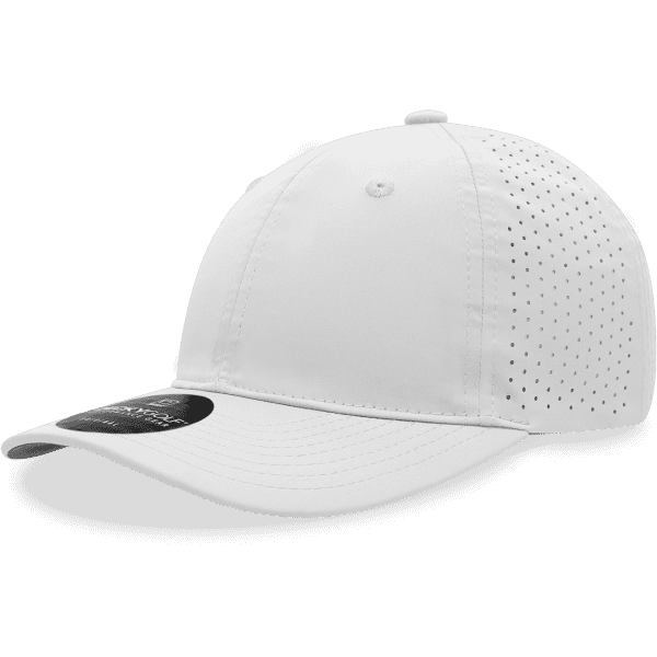 A white 6-panel relaxed perforated cap featuring a rounded visor and a logo on the side.
