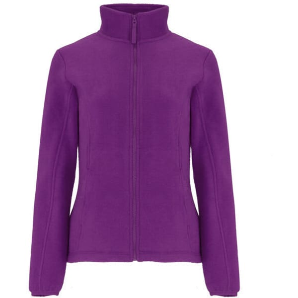 A purple women's fleece jacket with a zip-up front and high collar. It features a logo on one side.