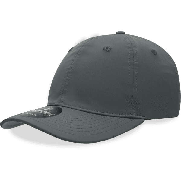A grey 6-panel mid profile relaxed cap with a curved brim and a logo on the side.