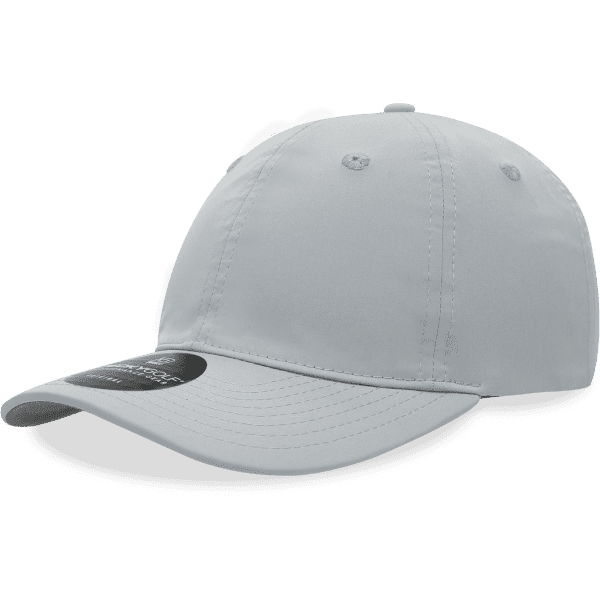 A light grey six-panel mid-profile relaxed cap with a curved brim and a logo.