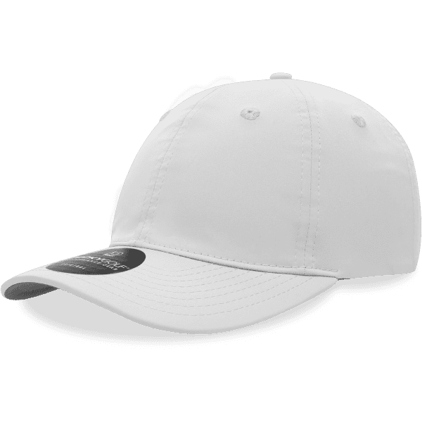 A white, 6-panel mid-profile cap with a relaxed fit and a branded logo on the side.