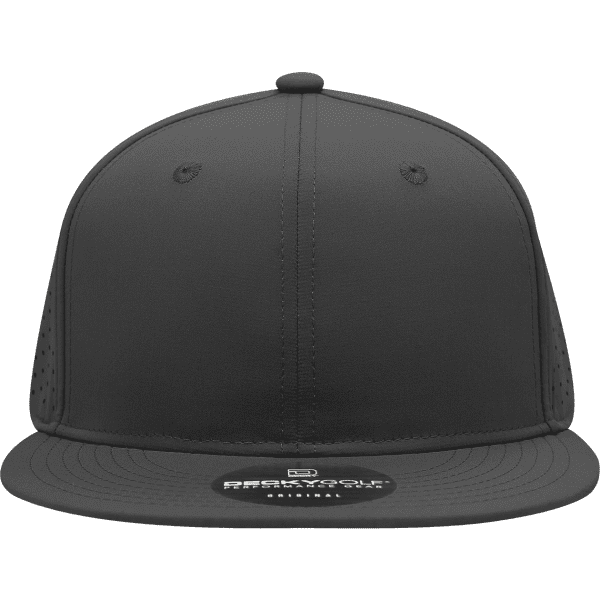 A black high-profile perforated cap featuring a logo on the front and ventilation holes on the sides.