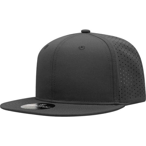 A grey 6 panel high profile cap with perforated sides and a flat brim, featuring a logo on the front.