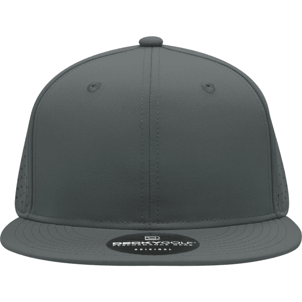 A grey 6 panel high profile cap with perforated sides and a flat brim, featuring a logo on the front.