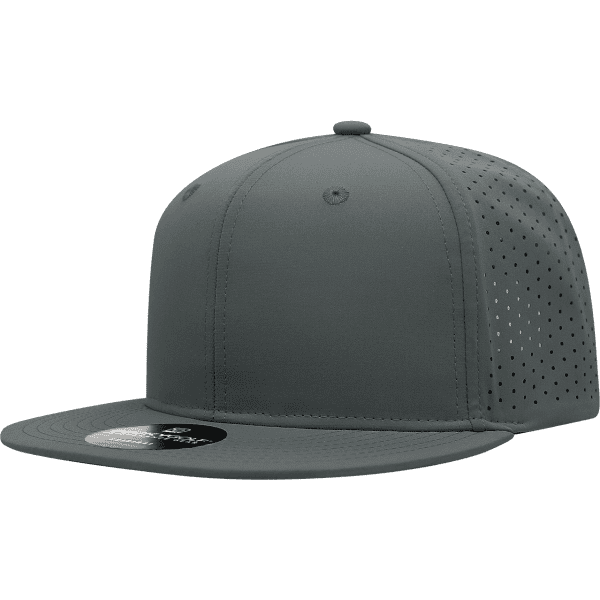 A grey high-profile cap with perforated sides and a flat brim, featuring a logo on the front.