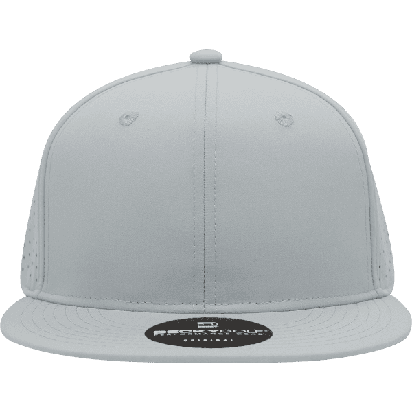 A high-profile perforated cap in white, featuring a flat brim and a logo on the front.