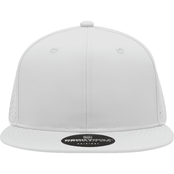 A high-profile, white six-panel cap with perforated sides and a branded logo on the front.