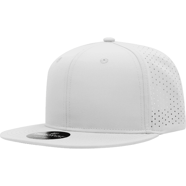 A white 6 panel high profile perforated cap with a flat brim and a logo on the front.