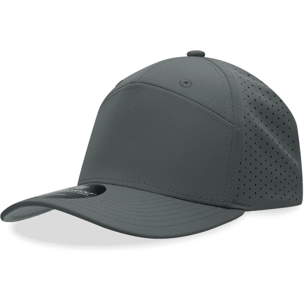 A grey 7 panel perforated cap with a curved brim and a logo on the front.