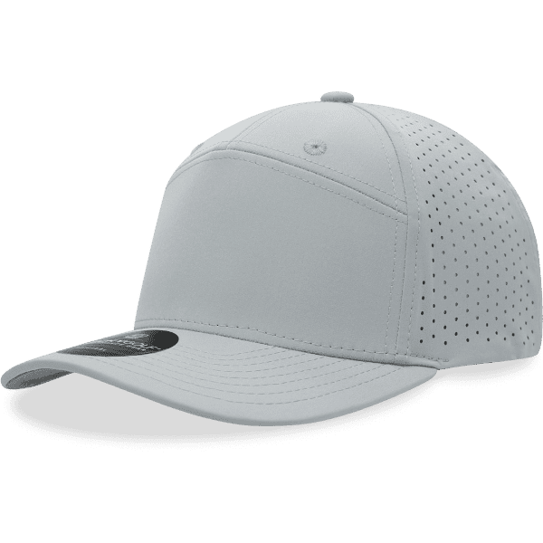 A light grey 7 panel perforated cap with a curved brim and a logo on the front.