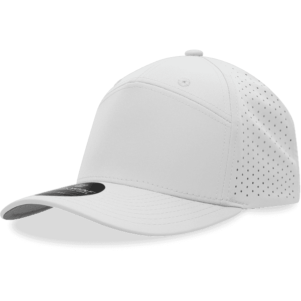 A white 7-panel perforated cap featuring a curved brim and a logo on the front.