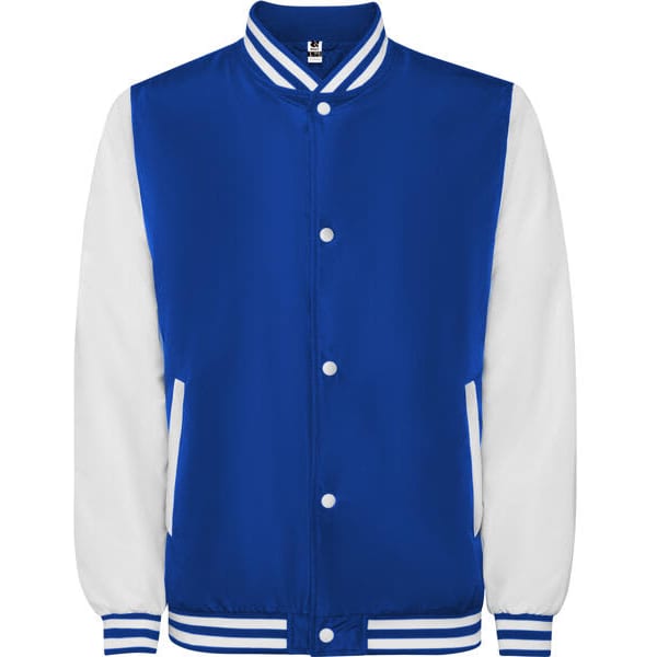 A blue and white California Jacket featuring a button-up front and striped collar and cuffs, with logo branding.