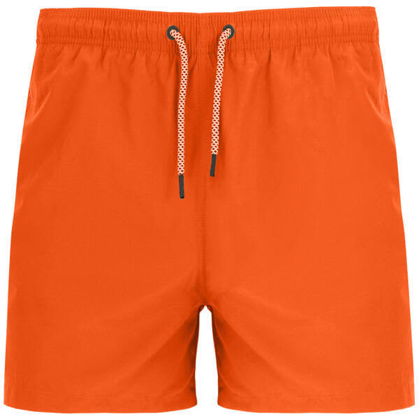 Orange swimming shorts with a drawstring waist and a simple design. Features a branded logo.