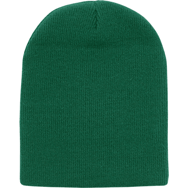 A green watch cap with no cuff, featuring a knitted texture and a rounded top.