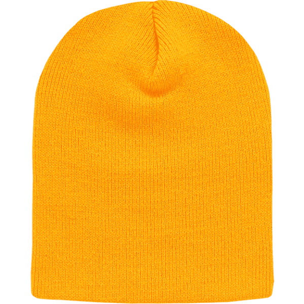 A yellow beanie without a cuff, featuring a simple design and a seamless top. It includes a logo.
