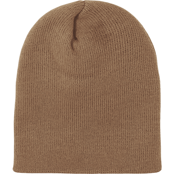 A tan beanie hat with a smooth knitted texture, featuring a logo on the side. No cuff is present.