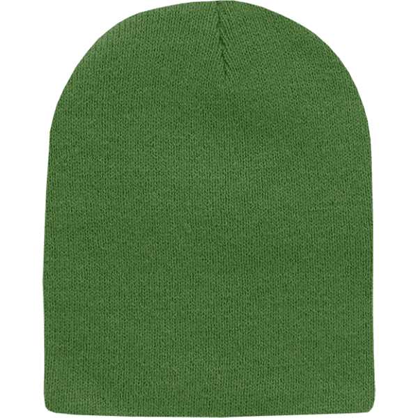 A green watch cap with no cuff, featuring a textured knit design and a simple logo.