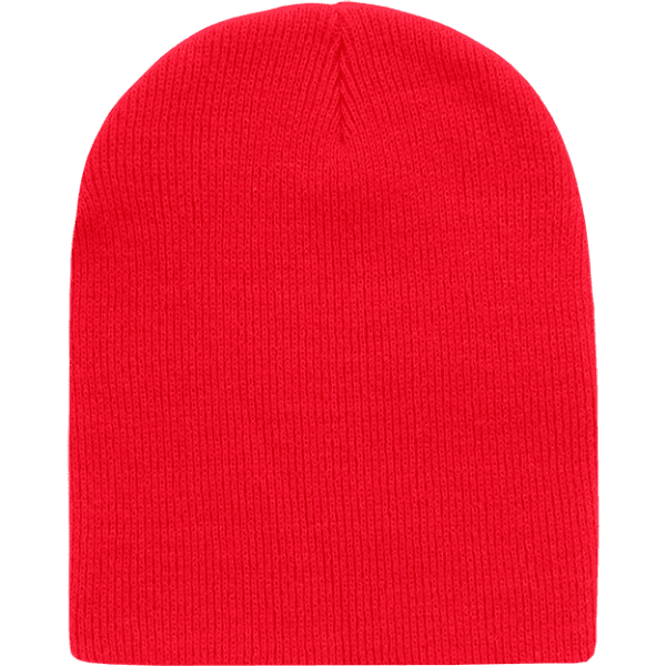 A red watch cap with a fitted design and no cuff, featuring a textured knit pattern.