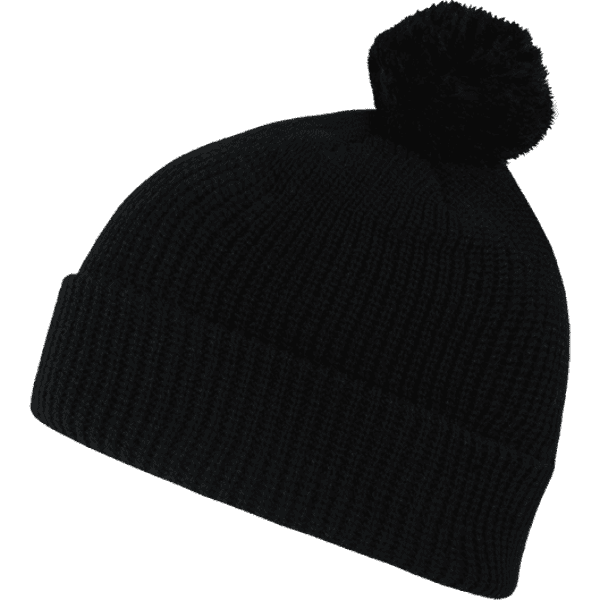 A black acrylic beanie with a fluffy pom pom on top, featuring a ribbed texture.
