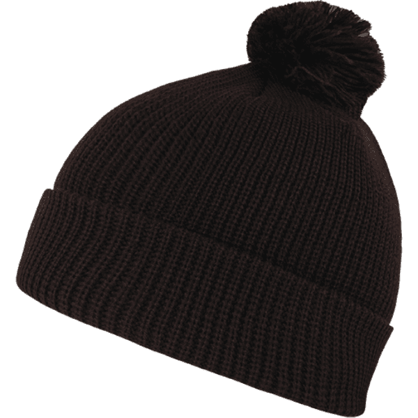 A black beanie with a knitted texture and a pom pom on top, featuring a logo on the side.