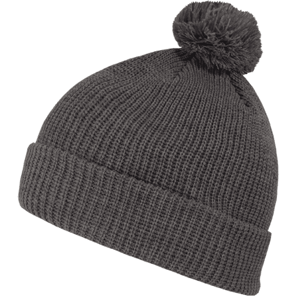 A grey knit beanie with a fluffy pom pom on top and a ribbed cuff. It has a logo on the side.