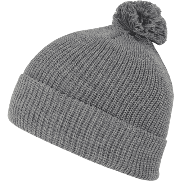 A grey Pom Pom Beanie with a textured knit and a fluffy pom pom on top. It has a folded cuff design and a logo.