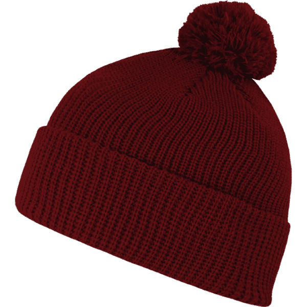 A burgundy beanie with a pom-pom on top, featuring a ribbed texture and a folded cuff.