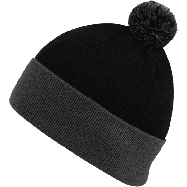 A black and grey beanie featuring a pom-pom at the top and a knitted texture. It has a logo on the design.