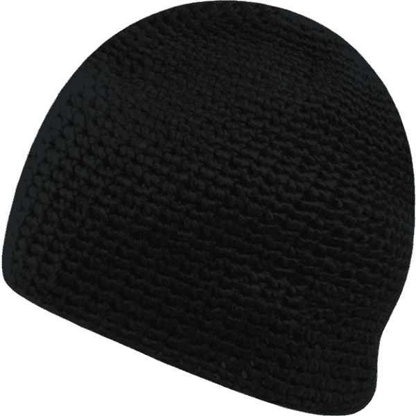 A black knitted beanie with a textured pattern, featuring a logo on the side.